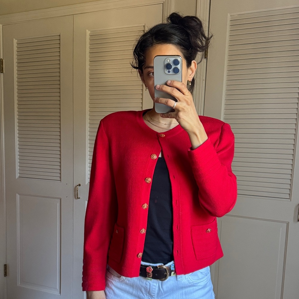 90s collection St. John by Marie Gray Red Knit Cardigan